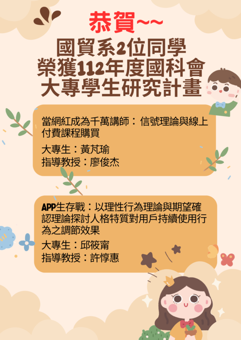 國貿系同學榮獲112年度國科會大專學生研究計畫Image